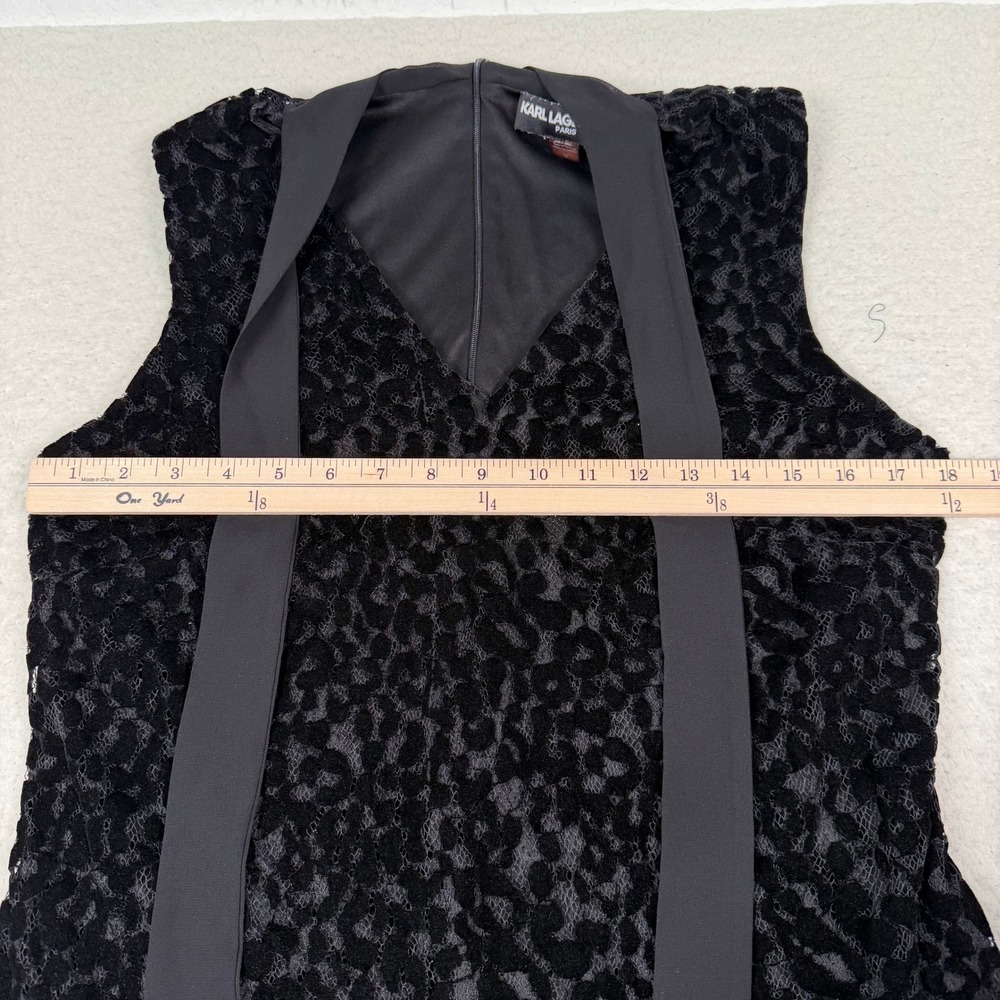 Karl Lagerfeld Paris Velvet Burnout Shift Dress Sz 12 Black Tie Neck Sleeveless - Picture 7 of 11